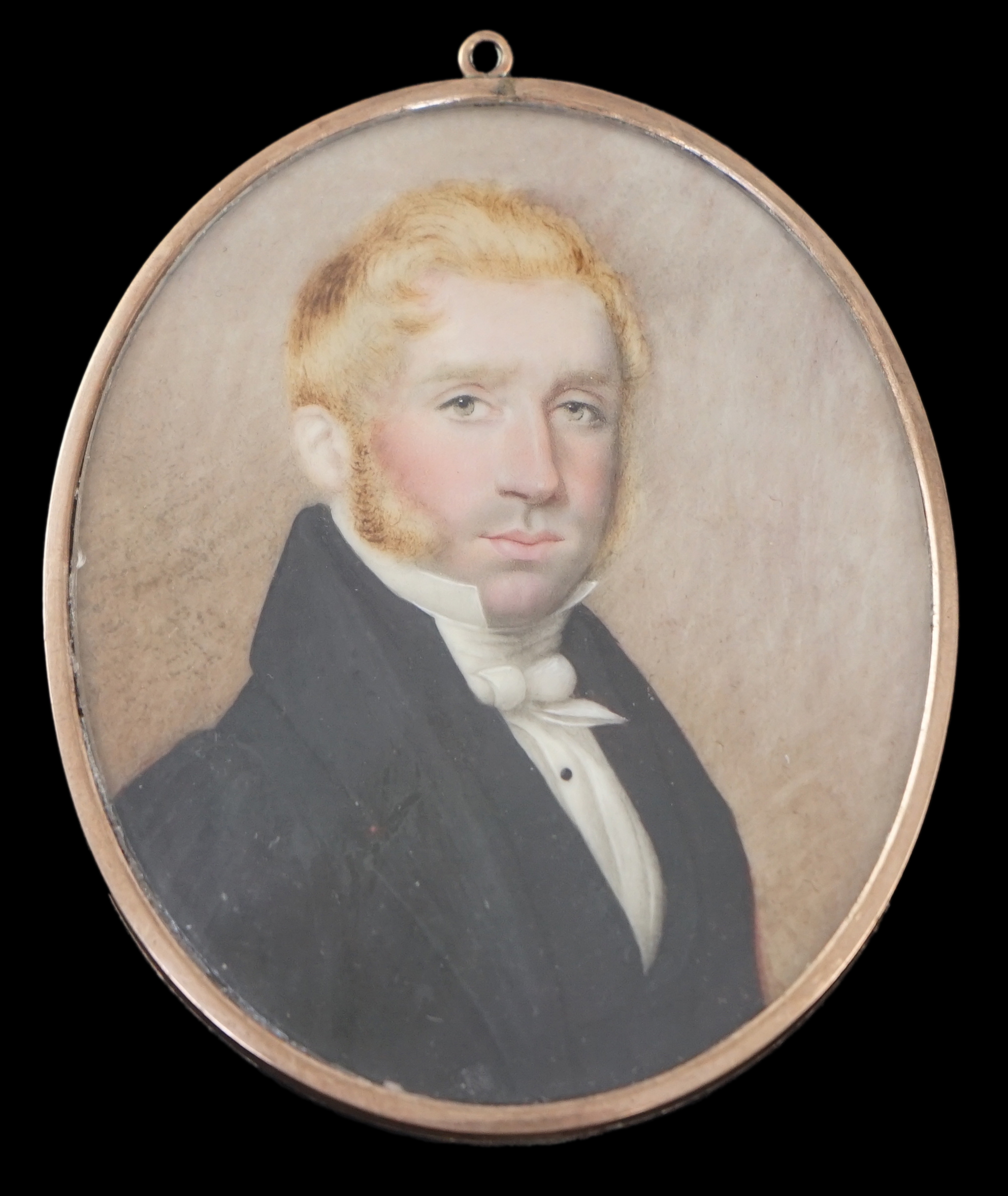 English School circa 1820, Portrait miniature of a red haired gentleman, watercolour on ivory, 7.8 x 6.4cm. CITES Submission reference 8G621R4F